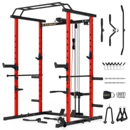 Multi-Function Power Cage with LAT Pulldown & Squat Rack, Heavy-Duty Steel Home Gym Strength Training with Pulley System, Custom