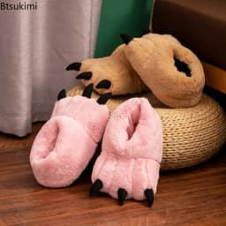 2026 Chunky Warm Bear Paw Slippers for Home Women Creative Funny Slipper Soft Plush Cute Cartoon Girls Indoor House Floor Shoes