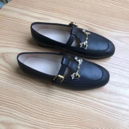 2024Summer New Solid Color Metal Chain Genuine Leather Round Head Women's Shoes Flat Bottom Soft Sole Shoes Brand Casual Shoes