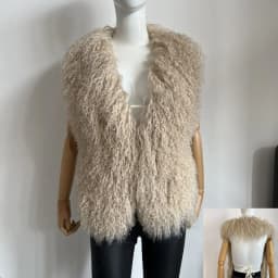 BEIZIRU Women's Fluffy Luxury Real Mongolian Fur Halter Vest Sleeveless Deep V-Neck Solid Top Outerwear