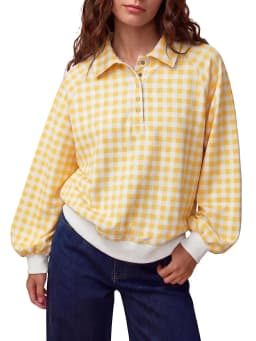 2026 Women Black White Gingham Blouse Lapel Collar Half Button Lantern Long Sleeve Loose Casual Plaid Shirt Tops