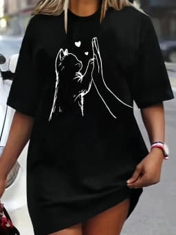 Ladies' Spring and Summer Casual Loose Plus Size Bee Bow Pattern Printed Round Neck Short Sleeved T-Shirt Dress
