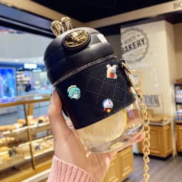 Cute Rabbit Ear Plastic Water Bottles With Straw For Girls Kids Portable Strap Student Bottle With Cup Cover Anti-drop BPA Free