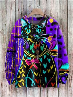 Abstract Art Cat Multicolor Print Casual Pullover Knit Sweater Women For Men Sweater