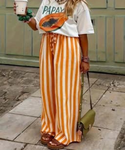 2026 Spring Summer Women's Casual Loose Color Block Striped Print Straight Leg Pants Trousers