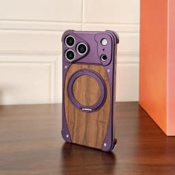 Luxury Metal Frame Walnut Wood Frameless Phone Case For iPhone 18 17 16 15 14 Pro Max Magsafe Magnetic Rotating Bracket Cover