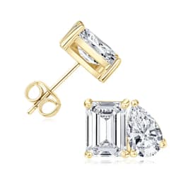 OXTAO Two Stone Cubic Zirconia Stud Earring Emerald &Pear Cut for Women Statement Earrings Wedding Party Jewelry 14K Gold Filled