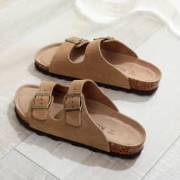 Birken Genuine Leather Women's Flat Slide Sandals - 2 Strap Design, Arch Support, Non-Slip, Cork Footbed, Slip-On Style