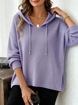 Women's New V Neck Henley Hooded Pullover Sweatshirt Drawstring Long Sleeve Loose Fit Trendy Casual Office Daily Wear Hoodie Top