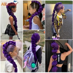 2Pcs Purple Braiding Ponytail Hair With Elastic Band ,24Inch Yaki Synthetic Braids Hair Extension Pre Stretched Cosplay Braids