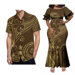 Support Custom Women'S Crew-Neck Dress Midi Party Fishtail Long Dress Polynesian Samoan Couple Suit Matching Men'S Aloha Shirt