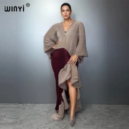 WINYI New Pleated Slim High-Fork Dress for Women Fashion Beach Cover-Up Muslim Kaftan Abaya Dubai Luxury Long Evening Gown