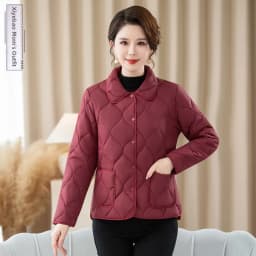 Lightweight Casual Cotton Jacket for Middle-Aged Women  Collar Diamond Patterned Coat Stylish And Warm Mom Clothes