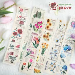 2m/roll Junk Journal Collage Material Stickers Creative Text Plants Flowers PET Masking Tape Scrapbook DIY Supplies Stickers