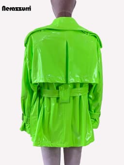 Nerazzurri Spring Autumn Oversized Thin Shiny Reflective Patent Leather Trench Coat for Women Double Breasted European Fashion