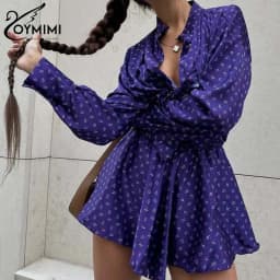 Oymimi Elegant White Print Sets For Women 2 Pieces Fashion Lapel Long Sleeve Button Shirts And High Waisted Side Slit Shorts Set