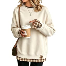 Crew Neck Sweatshirts Women Cute Long Sleeve Oversized Sweatshirt Plaid Pullove In Layered Tunic Drop Medium Weight Hoodie