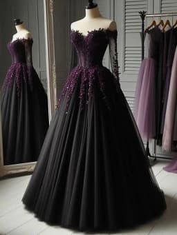 A-Line Black Gothic Wedding Dresses Off The Shoulder Long Sleeves Pleats Tulle Bridal Gown Grape Lace Appliques Customized