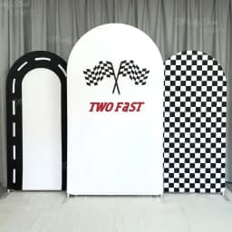 Race Car Party Backdrop Decorations Spandex Black White Checkered Racing Track Stand Arch Cover for Birthday Two Fast One Decor