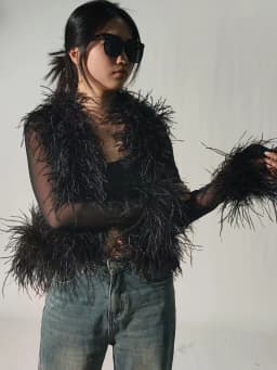 Jxwatcher Women's Sexy Mesh Feather Tops Spring Summer Ladies Vintage Celebrity Real Ostrich Feather Coat Fashion Party Wear New