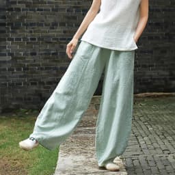 Johnature Autumn Solid Color Pockets Loose Pants 2025 New Women Vintage Elastic Waist Cotton Linen Wide Leg Full Length Pants