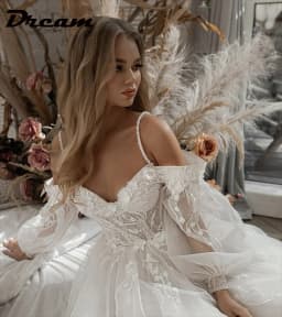DREAM Customized Off Shoulder Lace Glitter Wedding Dresses Long Puff Sleeve 3D Flowers Boho Bride Gown 2026 Vestidos De Novia