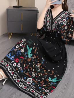 n Long Print Dr V-Ne Slimming Cotton Silk Beachwear Casual High Waist Summer Women's Loose Fit Overhead Dr