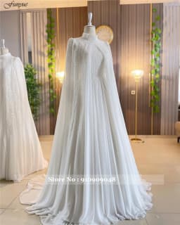 Funyue Luxury Long Sleeves Muslim A-Line Wedding Dress 2026 Beaded Chiffon High Neck Arabic Bride Gowns with Cape Robe De Mariée
