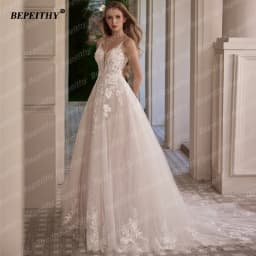 BEPEITHY Customized Sexy Backless A Line Wedding Dresses Sleeveless Women V Neck Glitter Boho Court Train Lace Bride Bridal Gown