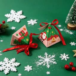 50Pcs Christmas Triangle Paper Candy Gift Box With Tag Ribbons Cookie Snack Chocolate Gift Packaging Box Xmas New Year Supplies