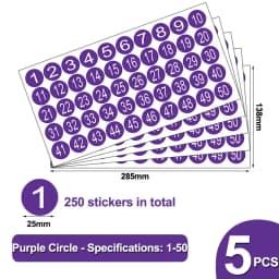 5pcs/Bag Number 1-50 Color Circular Adhesive Sticker -1 Inch Waterproof Code Number Label Clothing Size Label