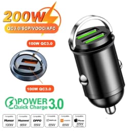 Car 100-200W Dual Port Mini USB Charger Ultra Fast Charging Cigarette Lighter Socket 12-24V Aluminum Cell Phone Charging Adapter