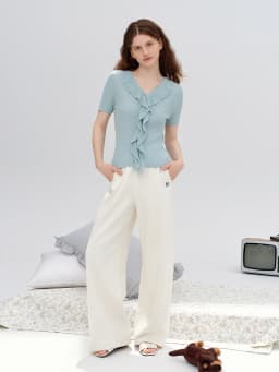 DUSHU 2026 Autumn New Women's Color-Block Drawstring Wide-Leg Pants Slimming Straight-Leg Trousers Available in Multiple Sizes