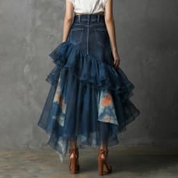 Women's Denim Tie-dye Ruffle Maxi Skirt High Waisted Asymmetrical Sheer Tulle Layered Skirt For Female Fashion Outfits Skirts