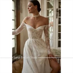 Customized Attractive Lace A Line Bride Wedding Dresses Off The Shoulder Long Sleeves Women Bridal Gowns Vestidos De Novia