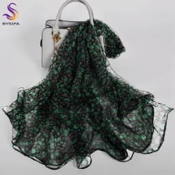 [BYSIFA] Emerald Green Women Long 100% Silk Scarf Printed Chinese Style Water Ink Painting Brand Oblong Silk Shawl Scarves 170cm