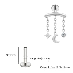 Right Grand ASTM F136 Titanium Hidden Helix Chain Earring 16G Dainty Star Moon CZ Dangle Cartilage Stud Piercing Jewelry