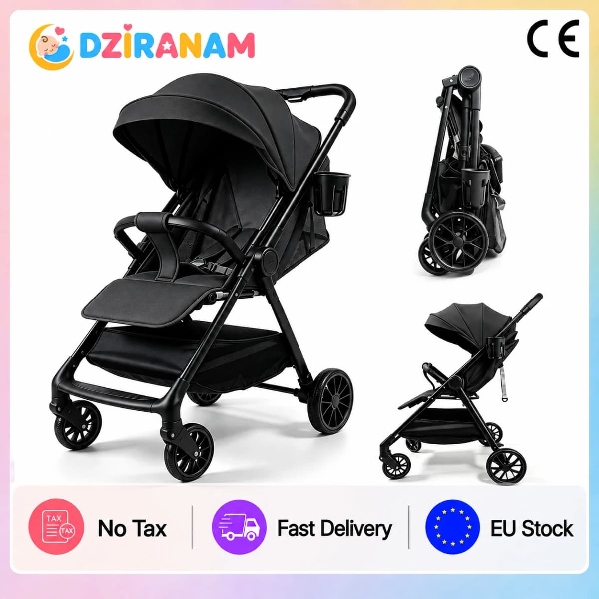 2 in 1 Baby Stroller Foldable Pram Pushchair for Newborn Infant Toddler Lightweight Travel Buggy with Sit and Lie Function Adjustable Canopy Five Point Safety Harness Shock Absorbing Wheels Large Storage Basket Portable Baby Carriage