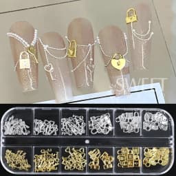 12 Grids Gold Silver Metal Lock Key Nail Decoration Parts Love Heart Charms Jewelry DIY Valentine's Manicure Accessories Flakes