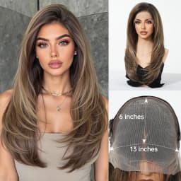 HAIRCUBE Mixed Brown Straight Wigs Dark Roots Natural Hairline 13*6 Transparent Lace Front Synthetic Wig For Women Daily Cosplay