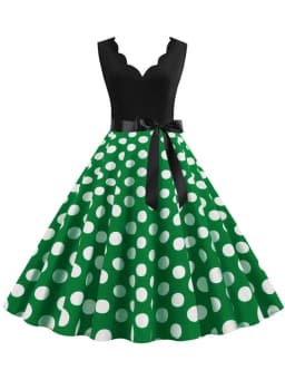 Polka Dot Print Women Summer Dress Black Patchwork Sleeveless V Neck Elegant Vintage Party Casual Midi Dress