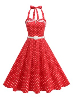 Tonval Halter Neck Polka Dot 1950s Fit and Flare Dresses Women Holiday Vintage Party Prom Shirred Back Belted Backless Dress