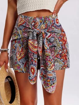 2026 Summer New Boho Paisley Print Wrap Skort High Waist Tie Front Scarf Hem Casual Beach Shorts for Woman Clothes