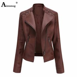 Yellow Red Faux Pu Leather Jackets 2025 Spring Autumn Fashion Zip up Top Outerwear Lady Basic Coats Plus Size Female Jackets New