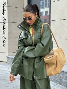 Women Waist Cinching Leather Jacket Solid Stand Neck Zipper Pocket Loose Jackets Lady New Vintage Fashion Street Outwear 2026
