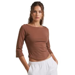 Women Basic Spring Fall Crop Tops Elegant Solid Color Boat Neck 3/4 Sleeves T-shirts