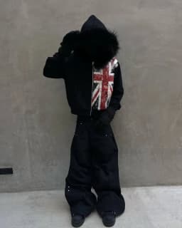 American Retro Fur Collar Flag Printing Oversize Zipper Hoodie Men's and Women's Y2K New Harajuku Hip Hop Goth Casual Sweatshirt