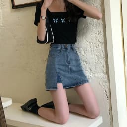 High Waist A-Line Skirt Slit Design Denim Short Skirt Women's Spring Autumn plus Size Slimming Split Half-length Skirt