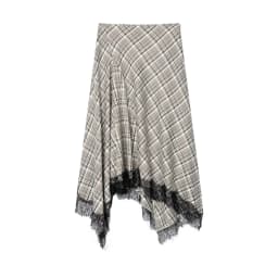 Spring New Check Lace Hem Asymmetric Skirt Women Eelgant A-line Zip-up Midi Skirts Female Vintage Party Skirts 2026 New