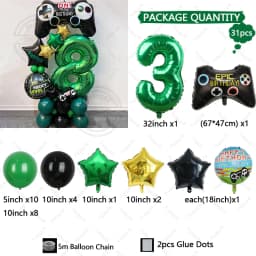 31pcs Gamepad Theme Balloon Green Number Birthday Balloon Set Game Theme Party Decoration Birthday Surprise Gifts
